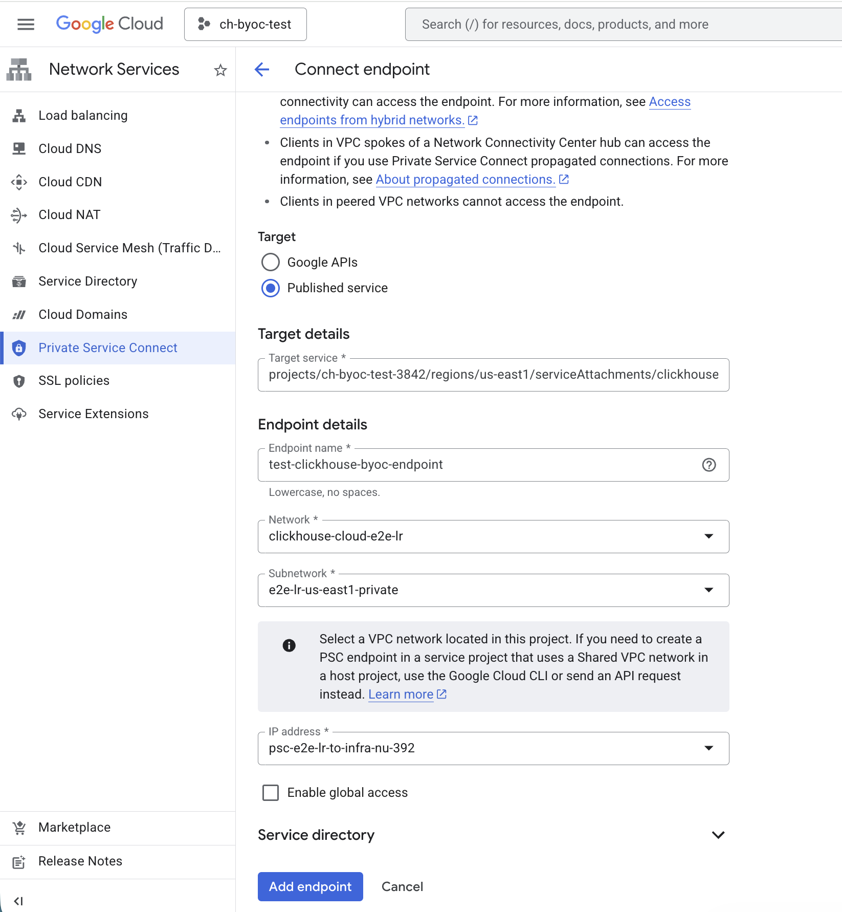 BYOC PSC 엔드포인트 생성