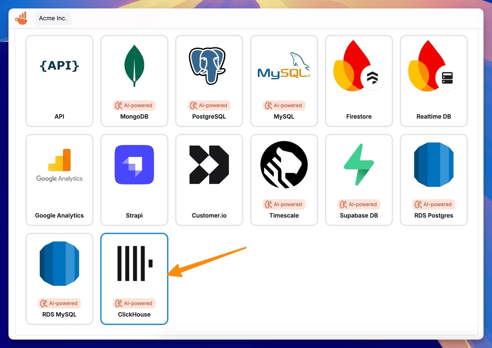 Chartbrew에서 ClickHouse 연결 선택