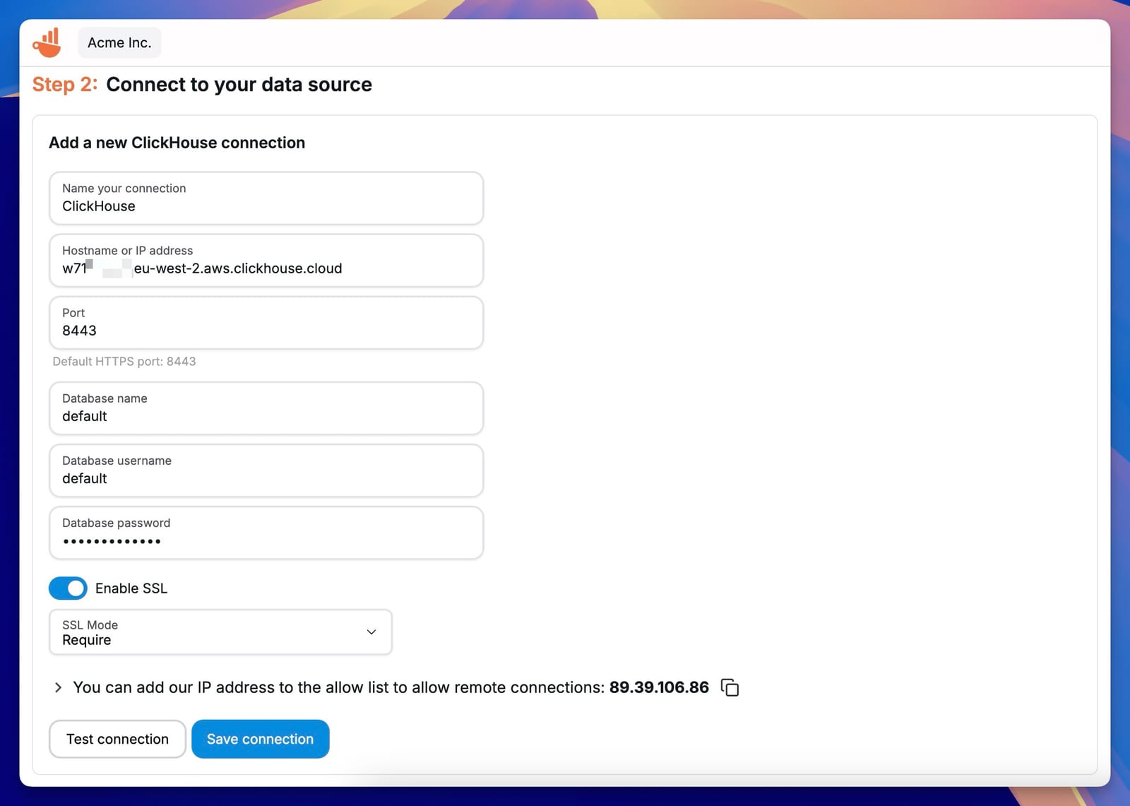 Chartbrew의 ClickHouse 연결 설정