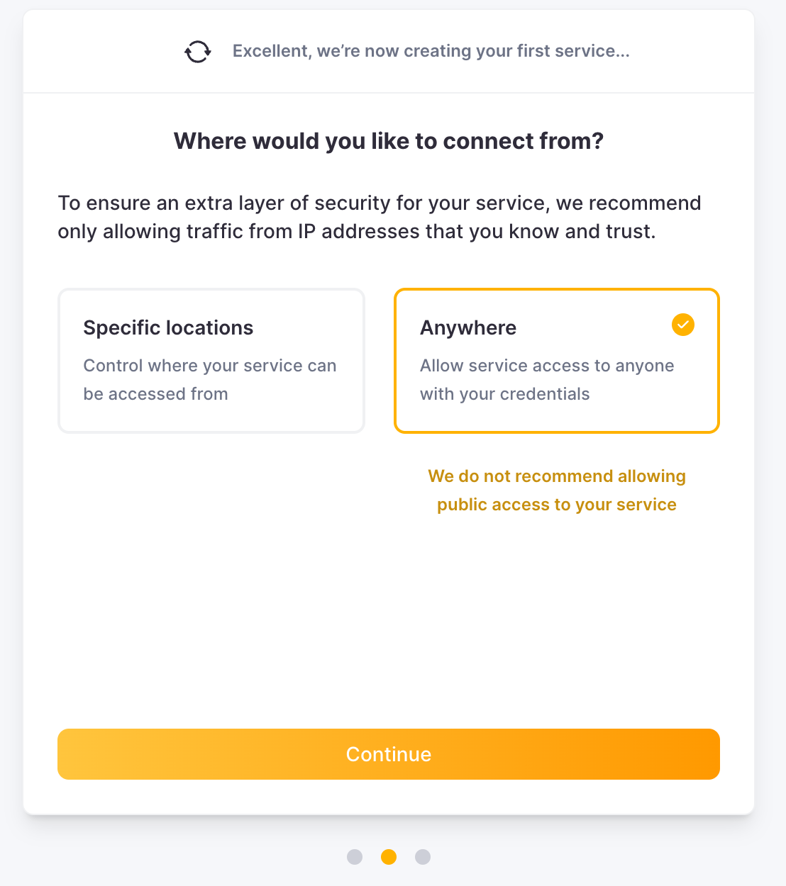 IP 액세스 구성을 보여 주는 ClickHouse Cloud 연결 설정 화면