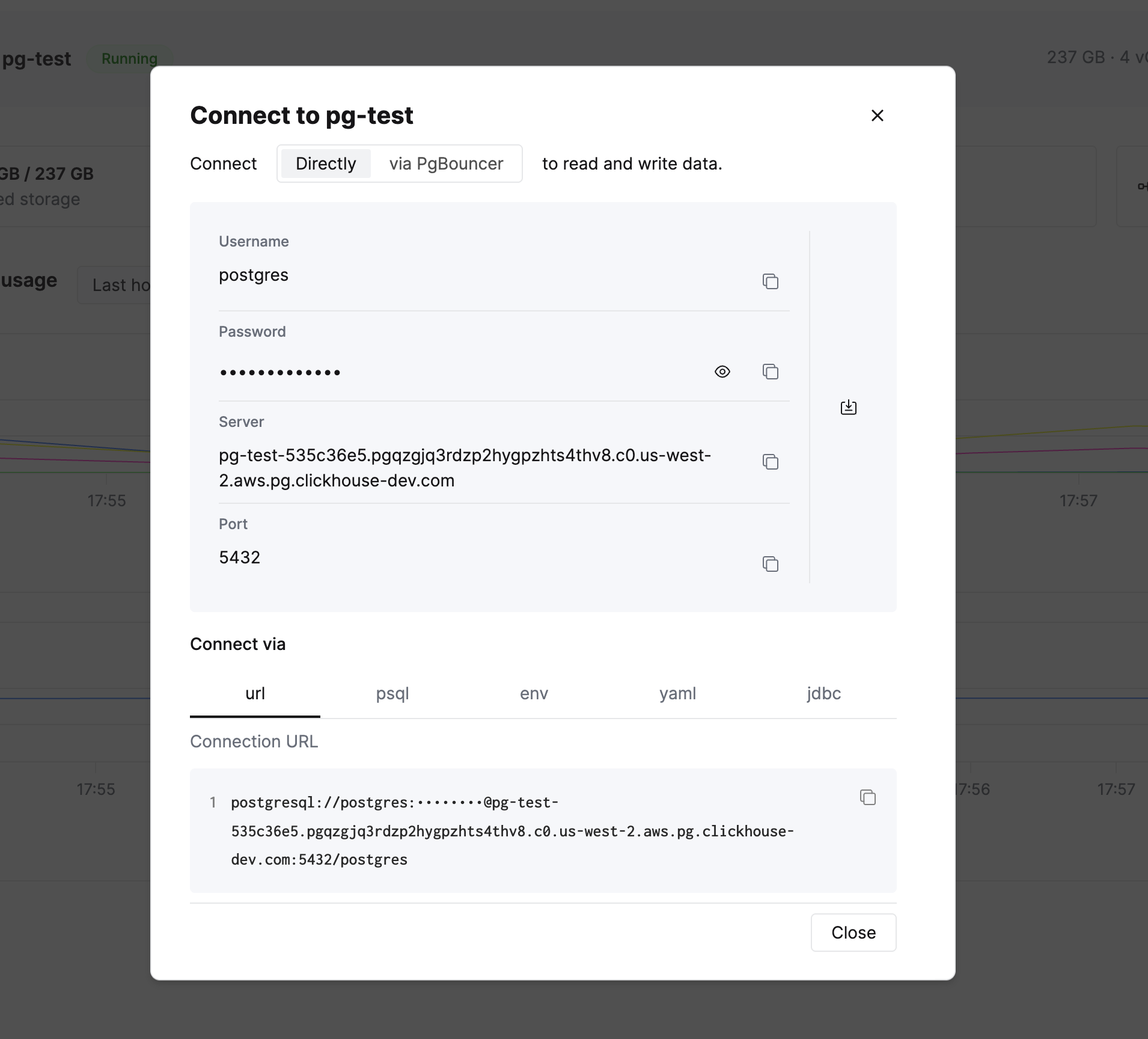 Managed Postgres 연결 모달