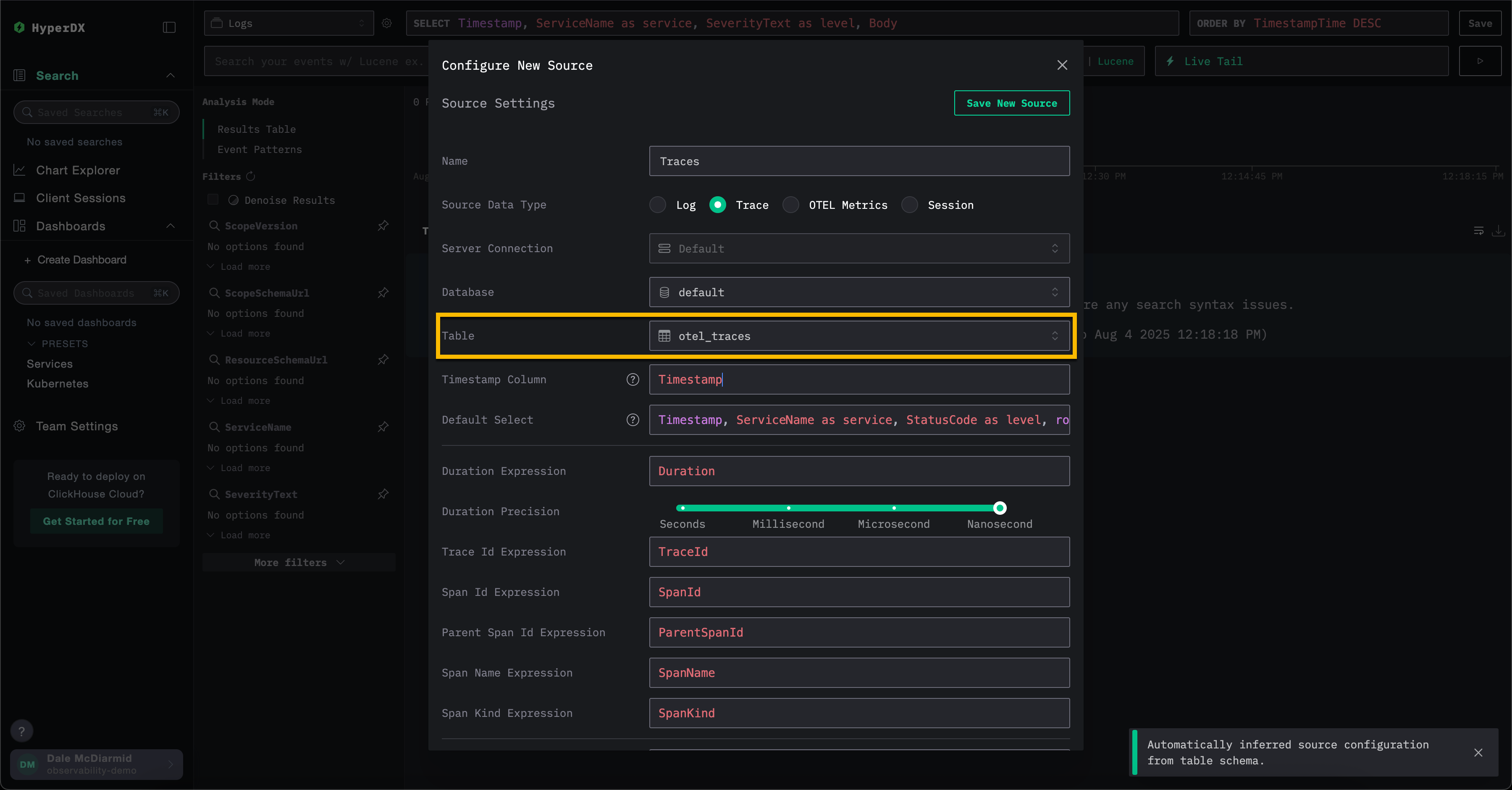 ClickStack 트레이스 소스 생성