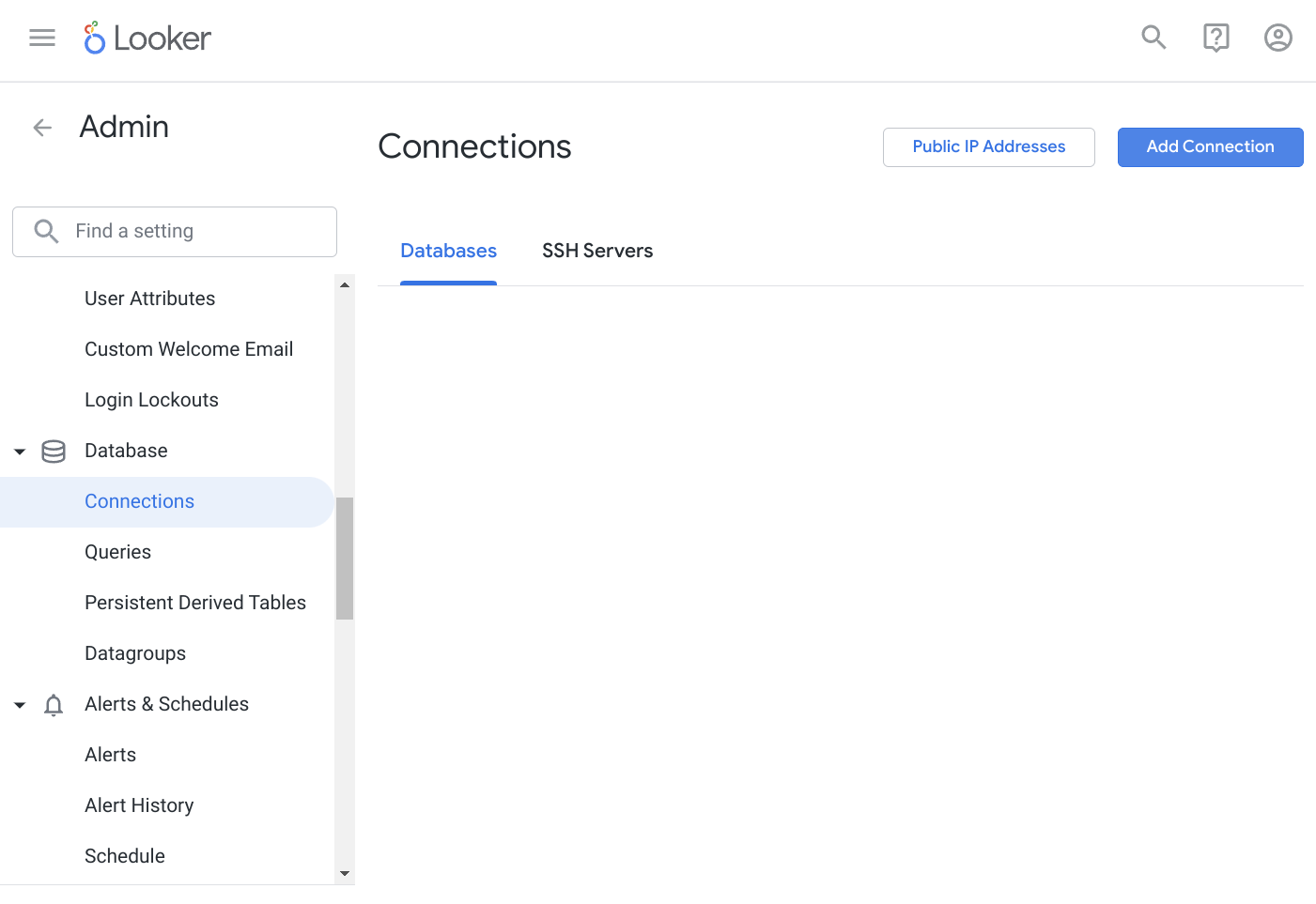 Looker의 데이터베이스 관리 인터페이스에서 새 연결을 추가하는 화면
