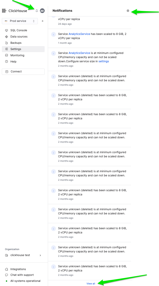 ClickHouse Cloud 알림 플라이아웃