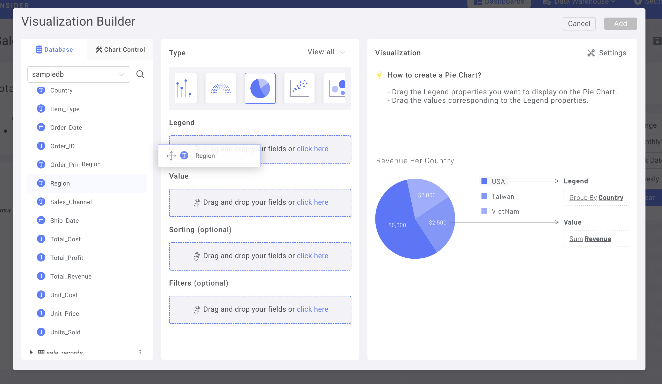Region 컬럼이 Legend 필드에 추가되는 드래그 앤 드롭 인터페이스