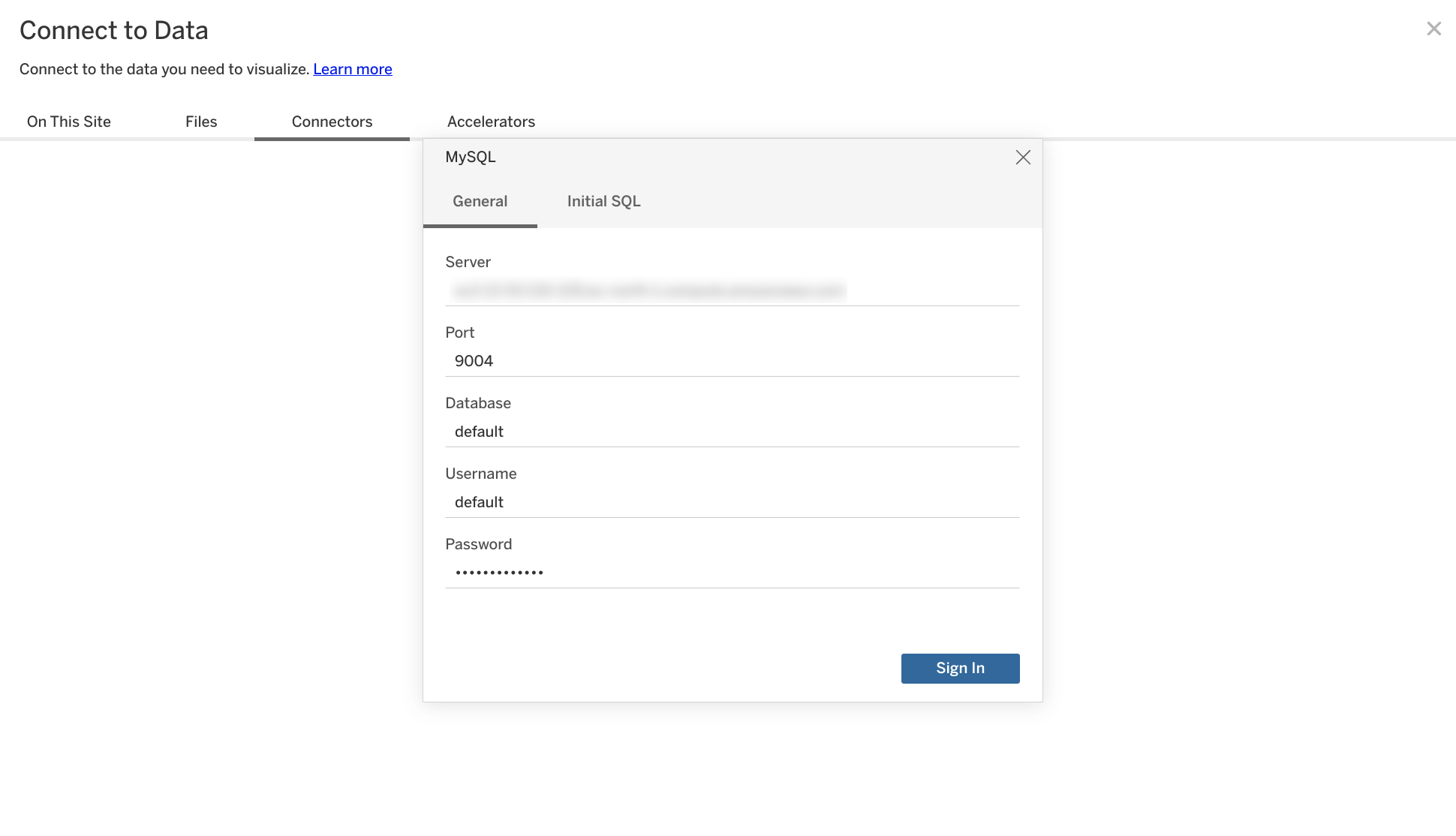 서버, 포트, 데이터베이스 및 자격 증명 필드가 있는 Tableau Online MySQL 연결 구성 화면